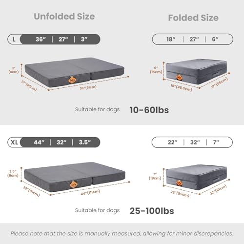 Laifug Foldable Waterproof Dog Bed for Large Dogs - Outdoor Orthopedic Dog Bed with Washable Removable Cover, Pet Mattress with Handles, Elephant Grey, (36 x 27 x 3.5, inches)
