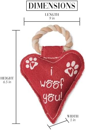 Pavilion Gift Company 45610 Pavilion's Pets-Red Heart Shaped Canvas and Rope Dog Squeaky Toy-I Woof You, Dogs, Medium- Large Breeds
