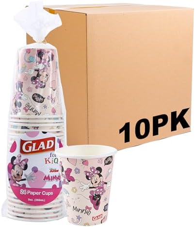 Glad for Kids Disney Mickey and Friends Disposable Paper Cups, Pink Minnie - Heavy Duty Soak-Proof Kid-Friendly Drinking Cups, Great for Everyday Meals and Snacks, 9 oz, 24 Count - 1o Pack