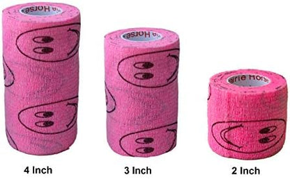 2 Pack Premium Vet Wrap - Self Adhesive Bandage Wrap & Athletic Tape - 4" x 5 Yards Elastic & Self-Sticking Cohesive Bandage for Pets, Sports, Wrists, & Ankles - Pink with Smiles by Prairie Horse