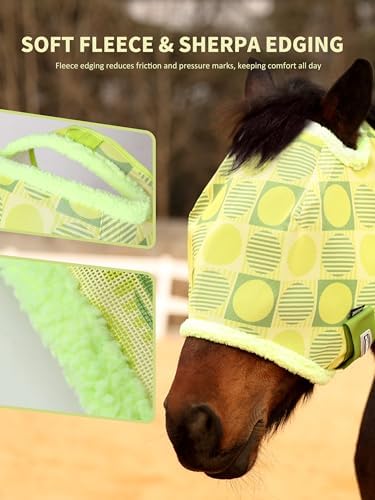 Tackmore Horse Fly Mask Without Ears, Breathable Structured Mesh for Horses, Soft Fleece Edging, UV Protection, Printed Turnout Mask for Pasture-Grass Green Circles M