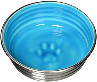 Loving Pets - Le BOL Dog Food Water Bowl Enamel Ceramic Bowl No Tip Stainless Steel Pet Bowl No Skid Spill Proof (Small, Seine Blue)