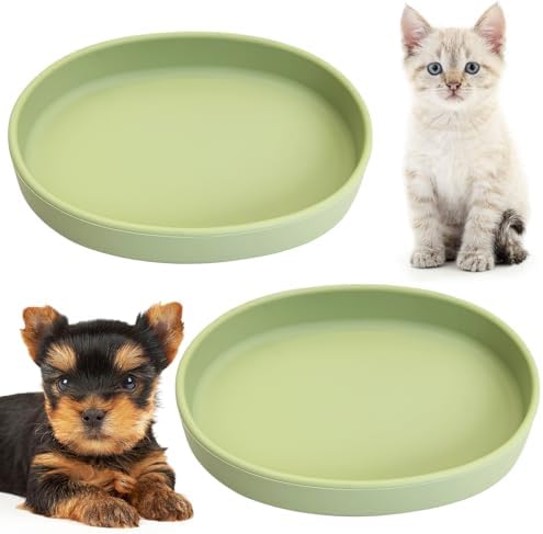 Fhiny 2 PCS Silicone Cat Food Bowls Shallow Dog Bowl 7" Non-Slip Pet Feeding Dishes for Dry and Wet Food Whisker Fatigue Cat Plates for Kitten Puppy and Small Pets(Green)