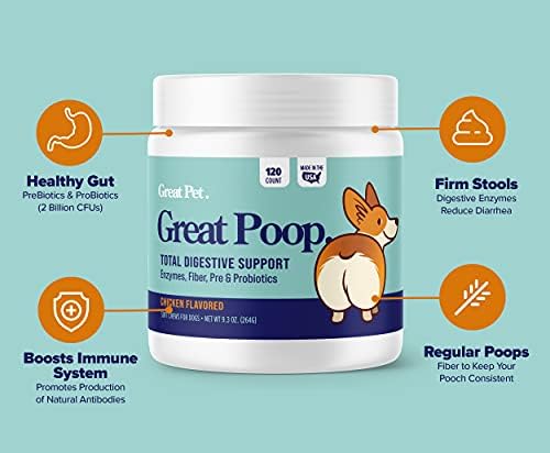 Great Poop Probiotics for Dogs - Fiber for Dogs Supplement with Dog Probiotics and Digestive Enzymes for a Healthy Gut, Firm Stool & Diarrhea Relief - Chicken Flavored Pet Soft Chews with Prebiotics