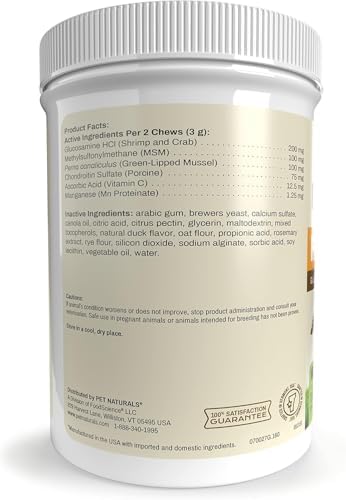 Pet Naturals Hip and Joint Supplement with Glucosamine, Green-Lipped Mussel, and Chondroitin for Dogs and Cats, Duck Flavor, 160 Chews