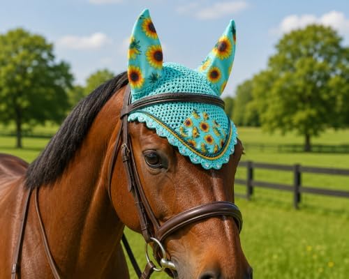 Horse Ear Bonnet for Horses, Sunflower Print Fly Bonnet with Crystal Edge, Handmade Crochet Fly Veil, Breathable Stretch Ears (Mint- Sunflower, Extra - Full)