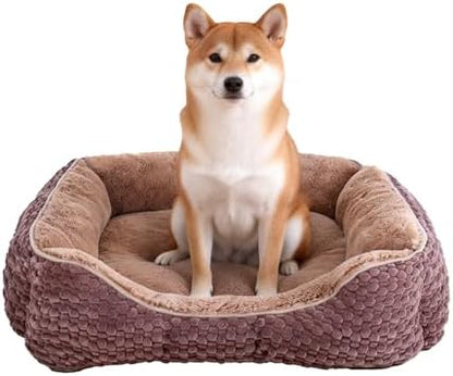 Plush Dog Bed Large, Brown, Machine Washable, Dog Beds Sofa with Pillow Support, 30x24Inch, Corn Kernel Design, Non-Slip Bottom, Thick PP Cotton Padding
