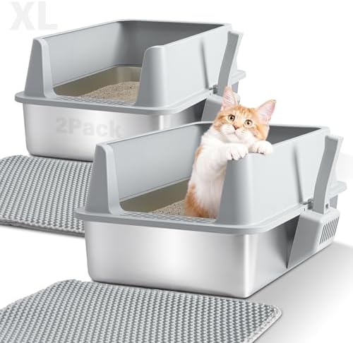 2 Pack Stainless Steel Litter Box,XL Metal Cat Litter Box with Lid