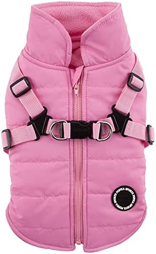 Puppia Mountaineer Winter Dog Coat with integrated harness No Pull Cold Weather Waterproof Warm Fleece Back Zipper for Small & Medium Dog, PINK, Medium