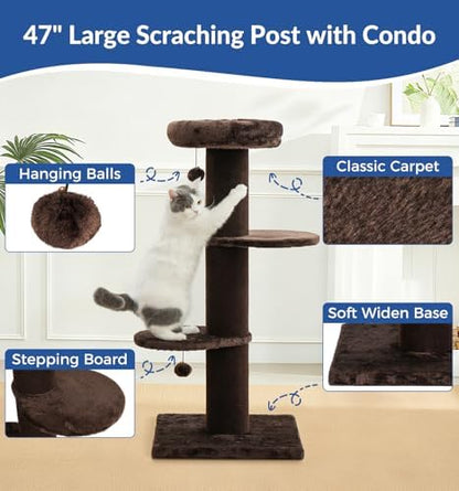 Cat Craft 43" Short Plush Cat Scratching Post with Perch & Bed, Brown