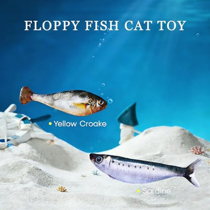 Realistic Floppy Fish Cat Toy with Catnip Toys for Cats Interactive Cat Toys for All Breeds Tap-Activated 3 Flapping Mode Sardine/Yellow Croaker,7.1 Inches,with Catnip,Rechargeable