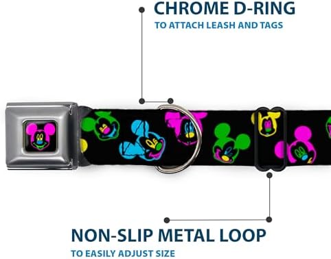 Buckle-Down Seatbelt Buckle Dog Collar - Mickey Mouse Expressions Scattered Black/Multi Neon - 1" Wide - Fits 11-17" Neck - Medium