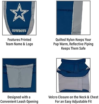 NFL Dallas Cowboys Puffer Vest for Dogs & Cats, Size Large. Warm, Cozy, and Waterproof Dog Coat, for Small and Large Dogs/Cats. Best NFL Licensed PET Warming Sports Jacket