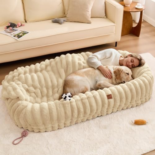 ChiXnuggle Orthopedic Human Dog Bed,Striped Faux Fur Washable Cover,Blanket
