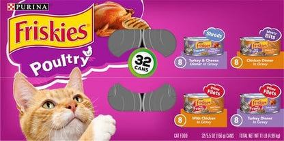 Friskies Purina Gravy Wet Cat Food Variety Pack, Poultry Shreds, Meaty Bits and Prime Filets - (Pack of 64) 5.5 oz. Cans