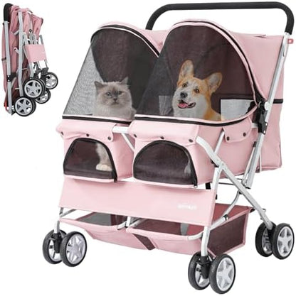 Double Pet Stroller for 2 Small Dogs & Cats, Side-by-Side Twin Travel Carriage with Safety Leashes, Mesh Windows & Double Storage Baskets, Lightweight & Foldable, 44lbs Capacity, Pink