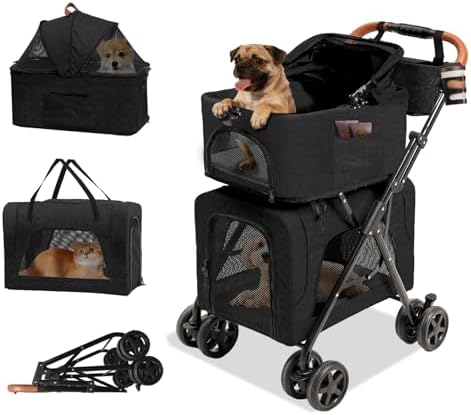 Pet Stroller for Dogs and Cats, 4 in 1 Cat Strollers for 2 Cats, Foldable Dog Stroller for Medium Dogs 20 lbs with Cup Holder and Storage Bag, Suitable for All-Terrain, Dog Gifts