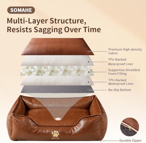 SOMAHE Waterproof Leather Dog Bed, Bolster Couch, 24x19x9 Brown
