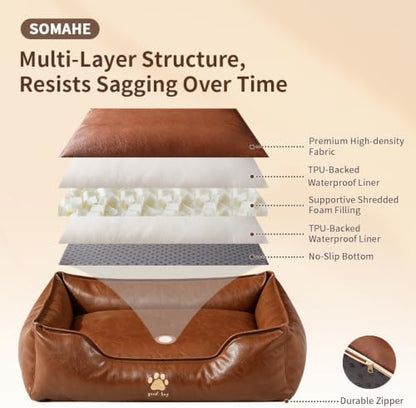 SOMAHE Waterproof Leather Dog Bed, Bolster Couch, 24x19x9 Brown