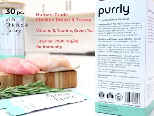 Purrly Interactive Lickable Cat Treats Low Calorie Human-Grade Chicken Breast & Turkey with L-Lysine & Astaxanthin for Immunity (30 Count) Hydrating BPA-Free Grain-Free Non-GMO All Ages Low-Phosphorus
