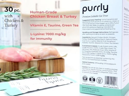 Purrly Interactive Lickable Cat Treats Low Calorie Human-Grade Chicken Breast & Turkey with L-Lysine & Astaxanthin for Immunity (30 Count) Hydrating BPA-Free Grain-Free Non-GMO All Ages Low-Phosphorus