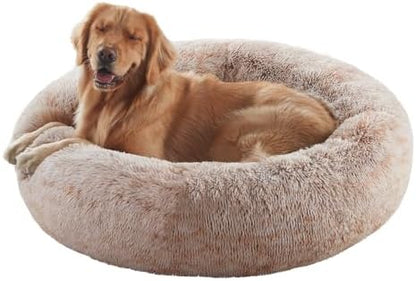 36 inches Faux Fur Fluffy Donut Dog Bed for Large Dogs,Brown