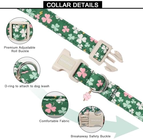 Lionet Paws St. Patrick Dog Collar- Cute Clover Green Dog Collars with Plastic Buckle, Light Adjustable Dogs Collars with Pink Clover Pendant for Small Medium Dogs