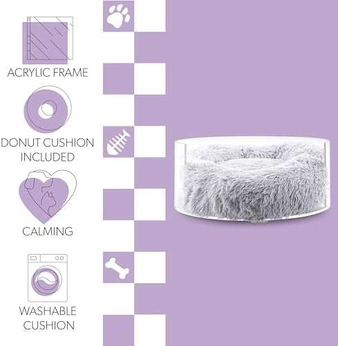 CBD2000A Bette 20.75" x 20.75" Small/Medium Modern Lucite Calming Fluffy Donut Pet Bed with Washable Cover, Light Gray/Clear