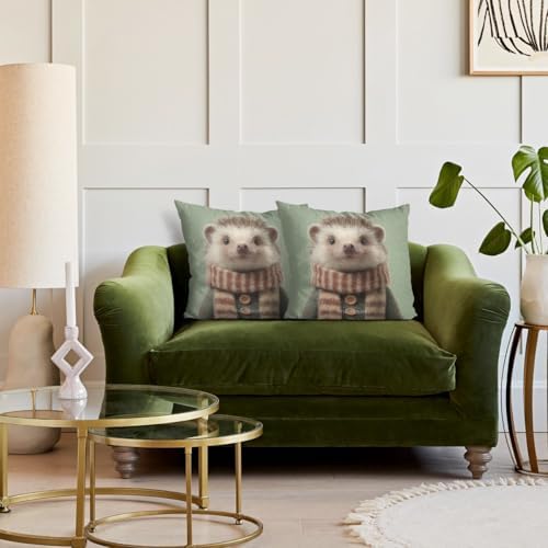 InkRain Winter Animal Cute Hedgehog Pillow Cover 12x12 Inch Set of 2 Home Decor Decorative Cotton Linen Illustration Pillowcases for Living Room House Sofa