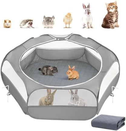 Pawaboo 2-in-1 Small Animals Playpen with Pad, Gray+Gray