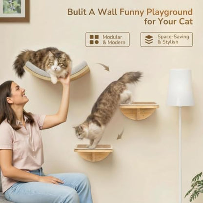 Cat Window Perches, Cat Wall Shelves with Curved Bed and 2 Sisal Mat Steps