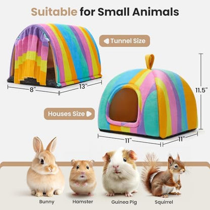 Guinea Pig Hideout Soft Large Bed Tunnel with Door Curtain 2 Pack Guinea Pig Toys Set Bunny Bed Cage Accessories for Small Animals (Rainbow)