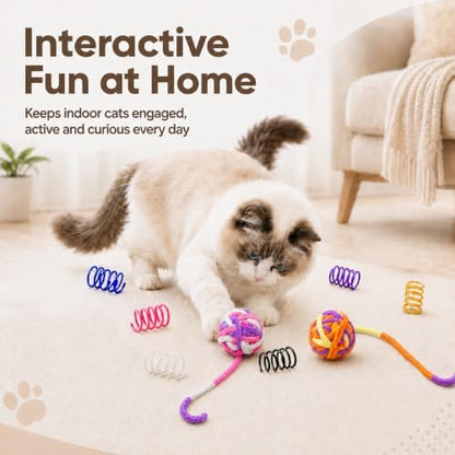 Cat Toys for Indoor Cats, 4 Yarn Balls with Tails & 12 Colorful Springs