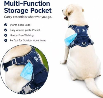 PawWave No Pull Dog Harness with Hidden AirTag Holder, Reflective Adjustable Vest Harness, Easy On-Off Design, Soft Breathable Mesh for Small Medium Large Dogs (Navy Blue, L)
