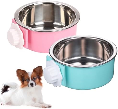 kathson Crate Dog Bowl, Removable Stainless Steel Hanging Pet Cage Bowl Food & Water Feeder Coop Cup for Cat, Puppy, Birds, Rats, Guinea Pigs (2 PCS, Size: M, Blue and Pink)