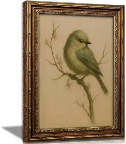 Vintage Gold Framed Bird Wall Art, Watercolor Spring Cherry Blossom Canvas Print, Antique Neutral Floral Wall Decor, Retro Cottagecore Picture Poster Artwork for Nursery Bedroom Living Room