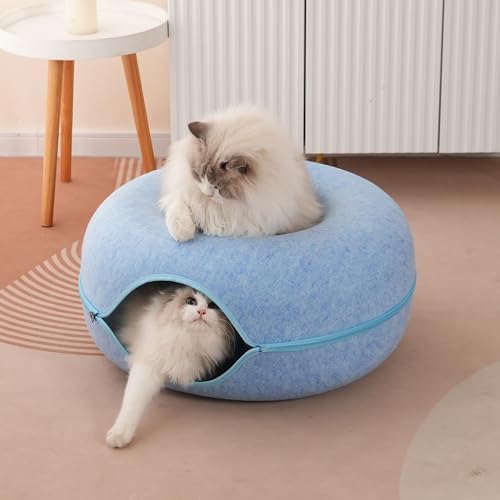 Large Cat Tunnel Bed for Indoor Cats with 3 Toys, Scratch Resistant Donut Cat Bed, Up to 30 Lbs (L 24x24x11, Blue)