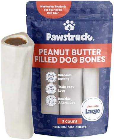 Pawstruck Large 5-6" Filled Dog Bones, Peanut Butter Flavor - Made in USA, Long Lasting Stuffed Femur for Aggressive Chewers, Dental Treat - Pack of 3, Packaging May Vary