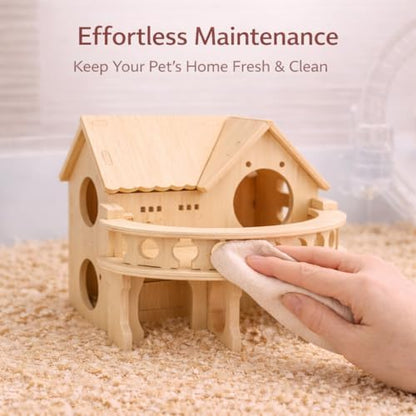 Improved Safety Large Balcony Small & Cute Wooden Hamster House with Large Balcony – Double-Decker Forest-Style Hut for Dwarf Hamsters, Mice, Gerbils, Rats & Small Pets (Compact Size Only)