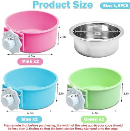 kathson Crate Dog Bowl, Removable Stainless Steel Hanging Pet Cage Bowl Food & Water Feeder Coop Cup for Cat, Puppy, Birds, Rats, Guinea Pigs (6 PCS, Size: L, 2×Blue,2×Green,2×Pink) (Pack of 2)