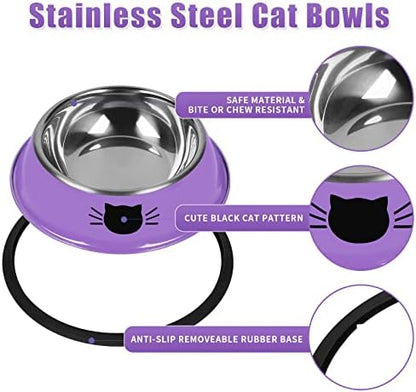 Serentive 3Pcs Cat Bowls, Non-Slip Stainless Steel, 7 Oz, Suitable for Indoor Pets, Removable Rubber Base, Lovely Color