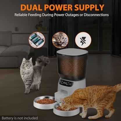 Automatic Cat Feeders for Two Cats, 5L/20 Cups Double Automatic Cat Food Dispenser with 2 Stainless Bowls, Timer Setting 20 Portions 6 Meals Per Day, 10s Meal Call (White)
