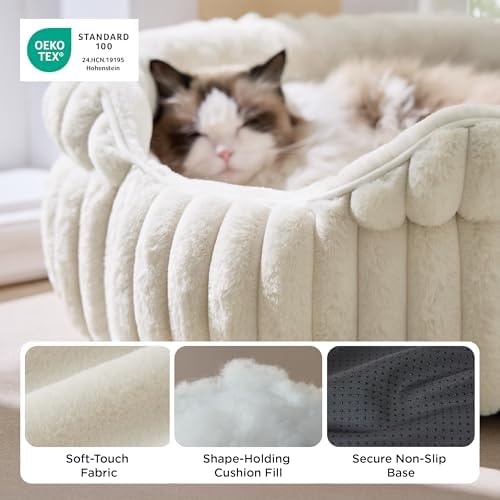 Bedsure ComfyFleece™ Washable Cute Cat Bed,Soft Round Kitten Bed,20in,Cream