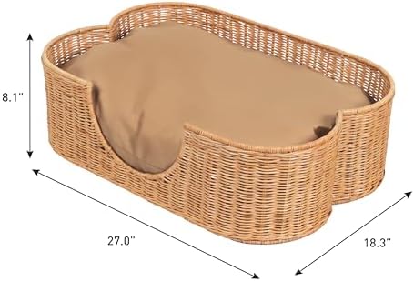 DBD1002B Scallop Handwoven Water Hyacinth Pet Bed with Machine Washable Cushion, 27" x 18.25" Wicker Cat and Dog Bed for Small to Medium Pets, Boho Tropical Style Basket, Light Brown