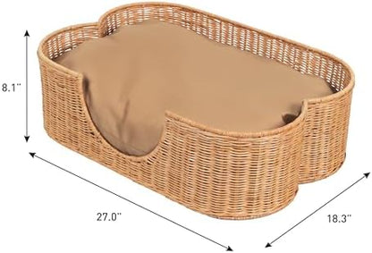 DBD1002B Scallop Handwoven Water Hyacinth Pet Bed with Machine Washable Cushion, 27" x 18.25" Wicker Cat and Dog Bed for Small to Medium Pets, Boho Tropical Style Basket, Light Brown