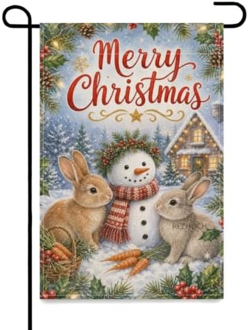 Merry Christmas Garden Flag 12x18 Inch Rabbit Pair Snowman Carrot Basket Holly Pinecone Watercolor Winter Outdoor Yard Lawn Front Porch Welcome Double Sided Banner Decor