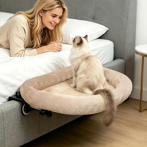IPOW Heavy Duty Steel Frame 180°Rotating Cat Bedside Bed Semi-Circular Cat Bed for Bedside, Soft Faux Rabbit Fur Material, Suitable for Various Desktops-Maximum Hold Up to 40lb