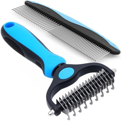 Pet Grooming Rake for Dogs & Cats - Double-Sided Deshedding and Dematting Tool, Gently Remove 95% of Loose Undercoat & Mats for Long-Haired Pets, Painless Fur Brush for Shedding Control (Blue+Comb)