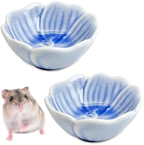 BNOSDM 2 Pcs Hamster Ceramic Food Bowl Flower Series Gerbil Drinking Bowls Anti-Turning Food & Water Dish for Dwarf Syrian Hamsters Gerbil Chinchilla（Blue, Narcissus Pattern）