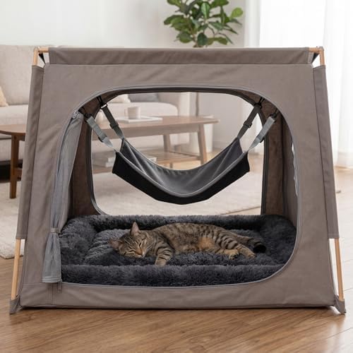 Novabright 4 Pack Cat Hammocks & Self Warming Mats Set for Crate, Grey